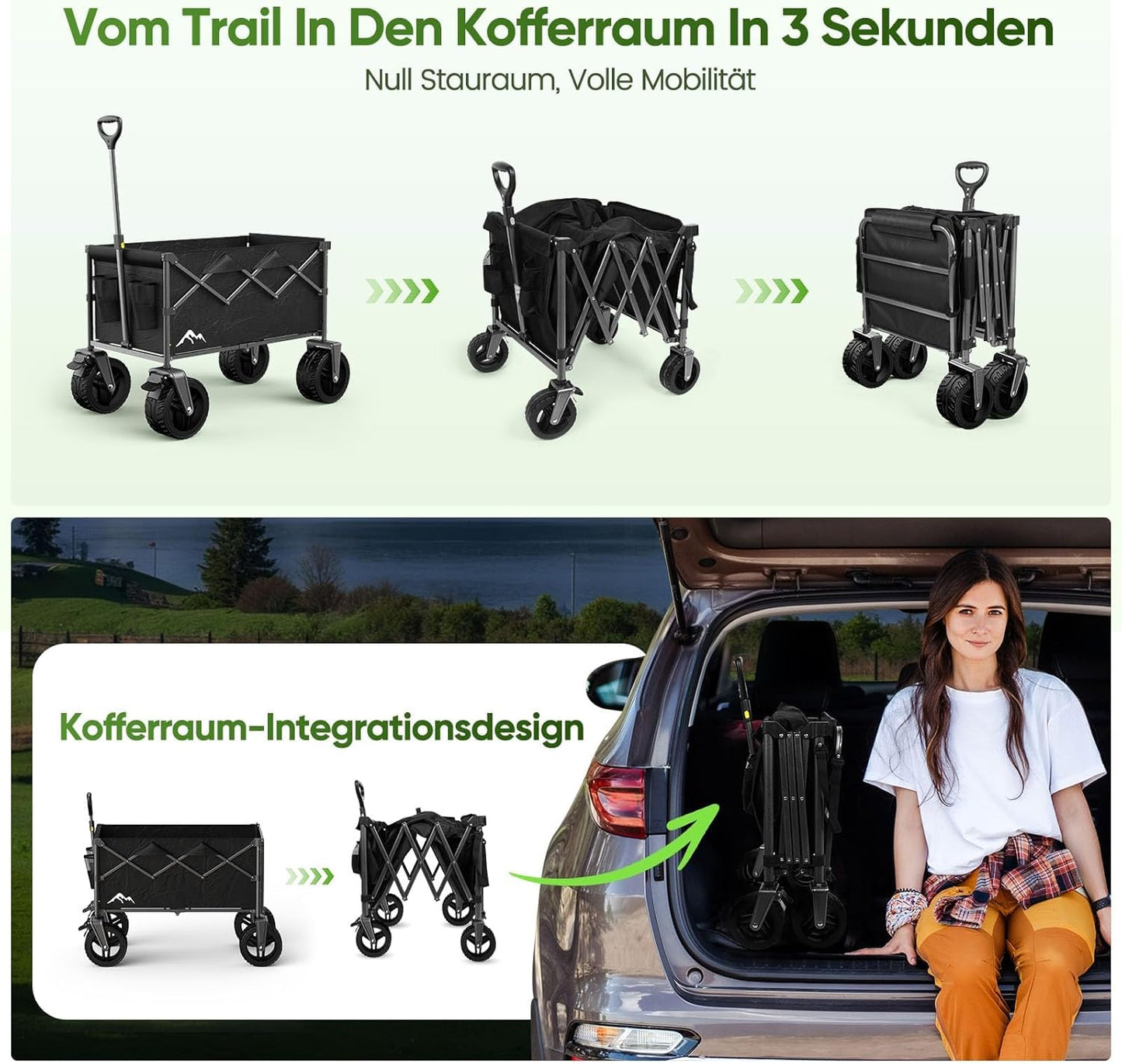Faltbarer Bollerwagen mit 360° Rädern, Schwarz
