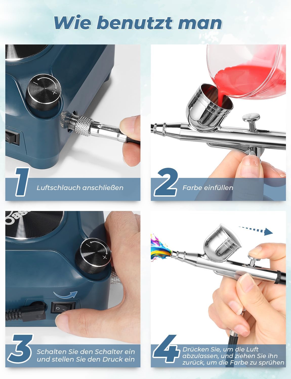 Airbrush Set mit Kompressor, Double Action-Airbrush-Pistole und Zubehör, Blau
