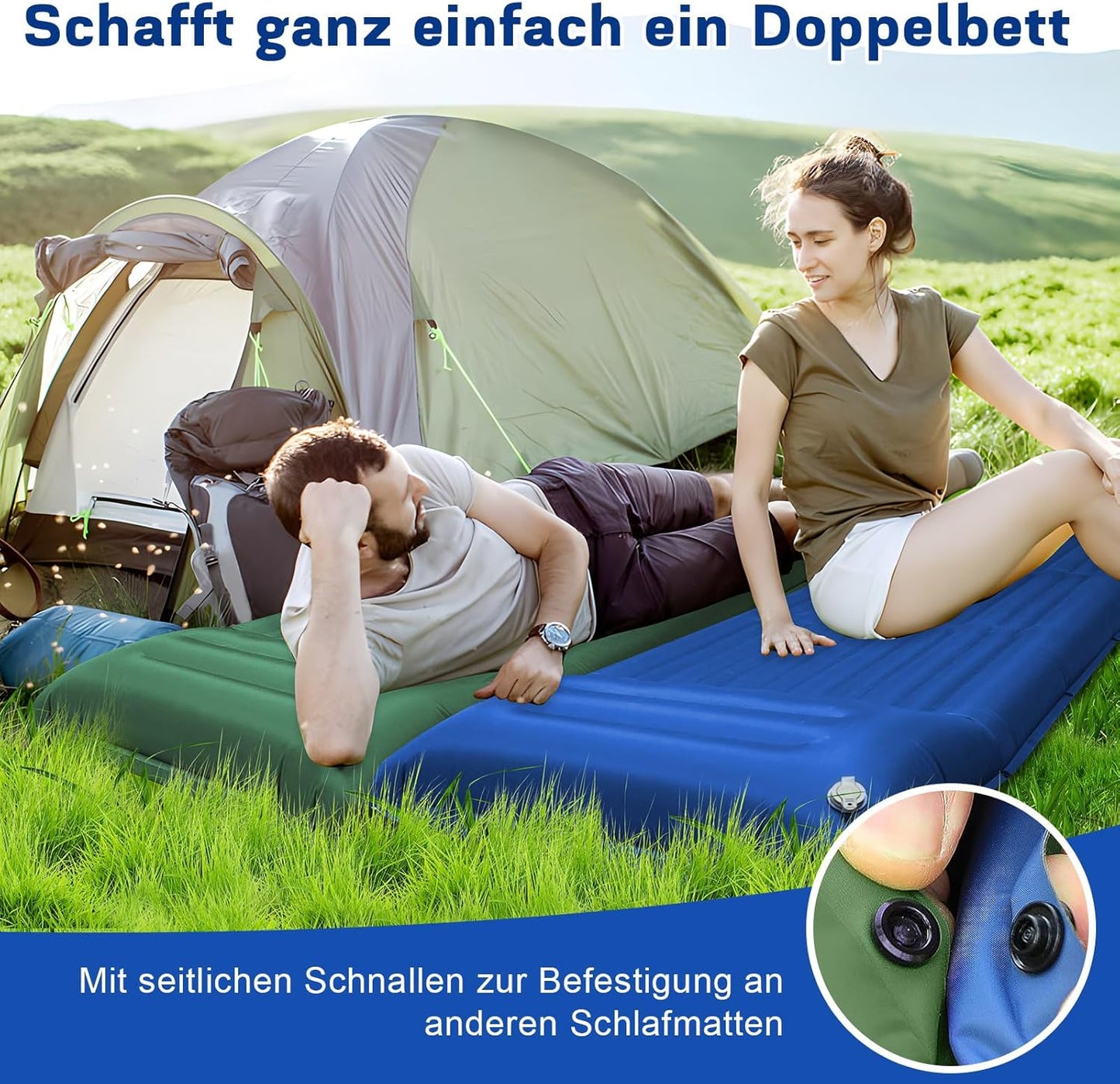 Aufblasbare Isomatte mit Fusspumpe & Kissen, Blau