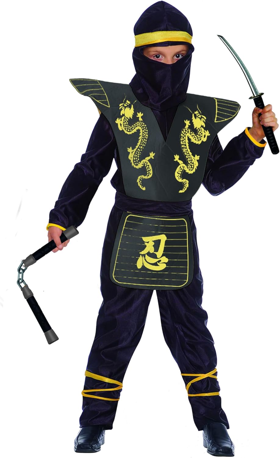 Ninja Fighter Kostüm mit Spielzeugwaffen (6-8 Jahre), 6-8 Jahre Black, Yellow