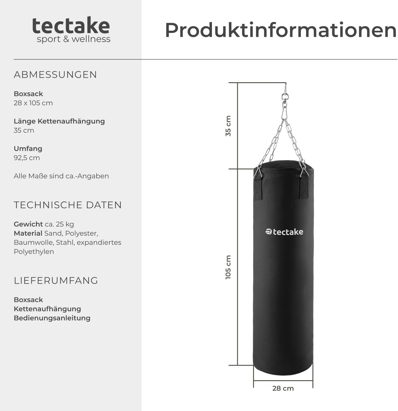 Boxsack mit Halterung und Stahlkette (25 kg)