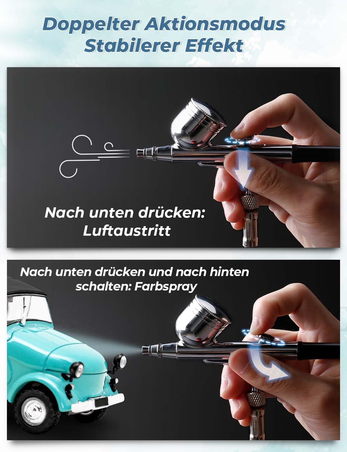 Airbrush Set mit Kompressor, Double Action-Airbrush-Pistole und Zubehör, Blau