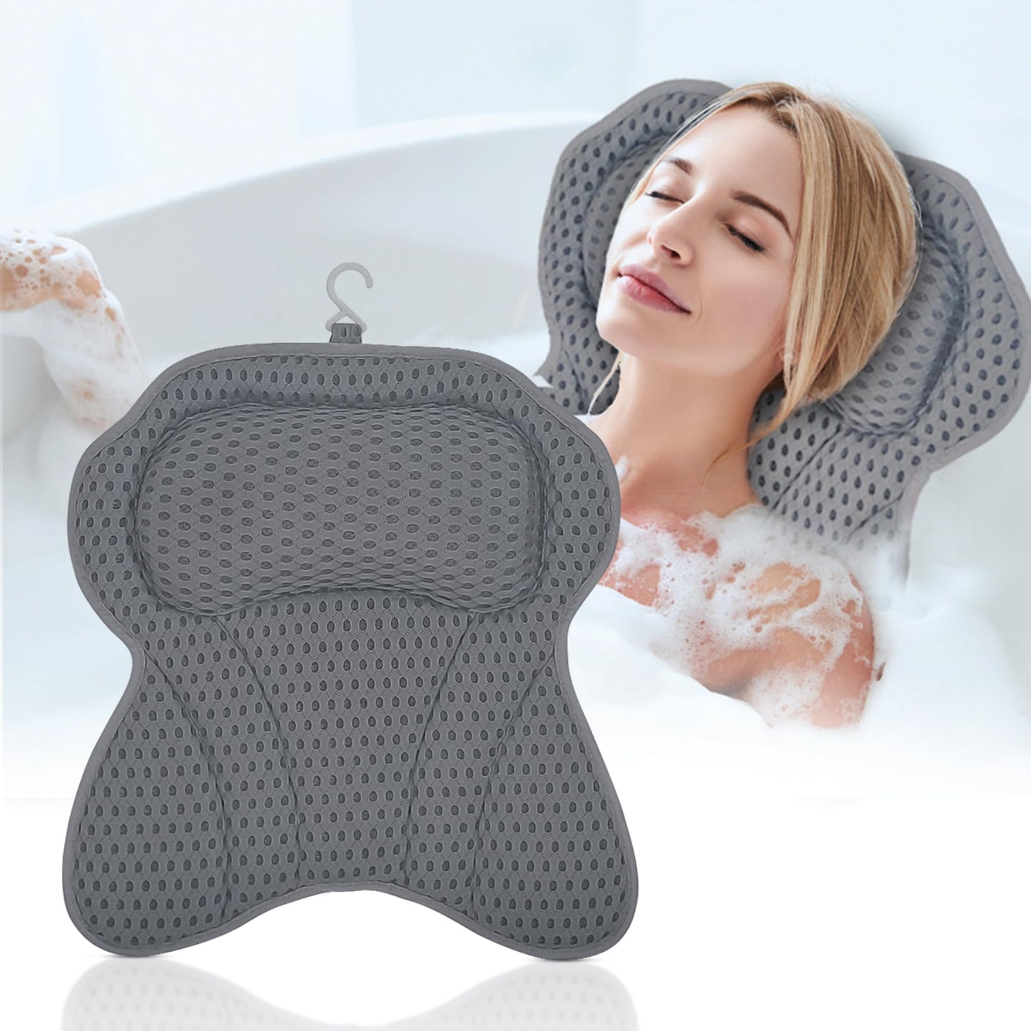 Ergonomisches Badewannenkissen mit Saugnäpfen, Grau L extra breit