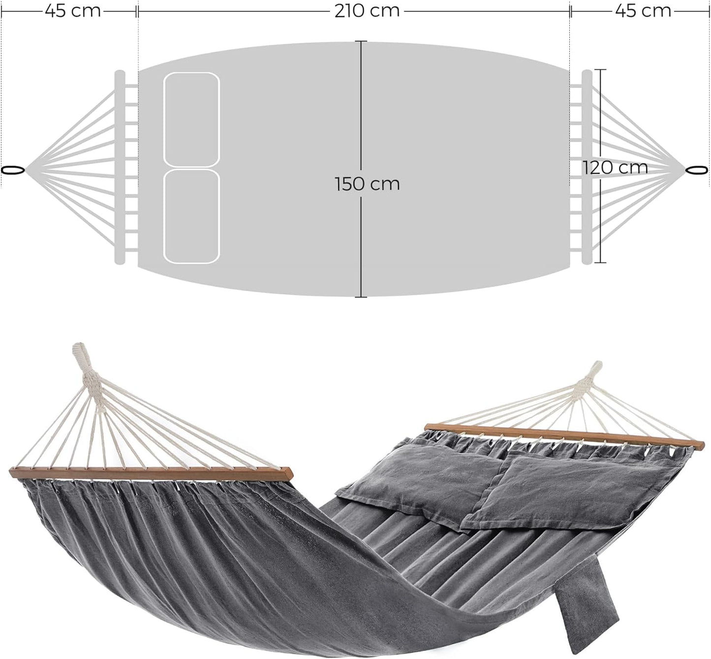 Hängematte GDC022G01 mit Holzstangen und Kissen, Grau