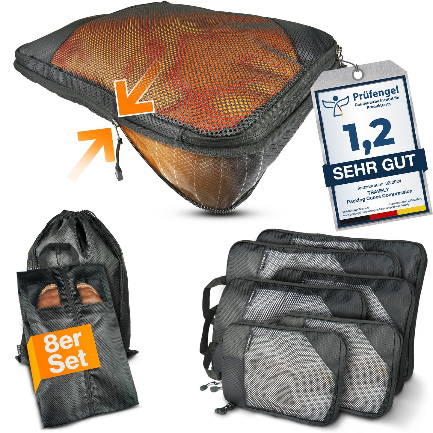 8-teiliges Packwürfel-Kompressions-Set mit Schuhtasche, Schwarz 8 Teile Gr. Set