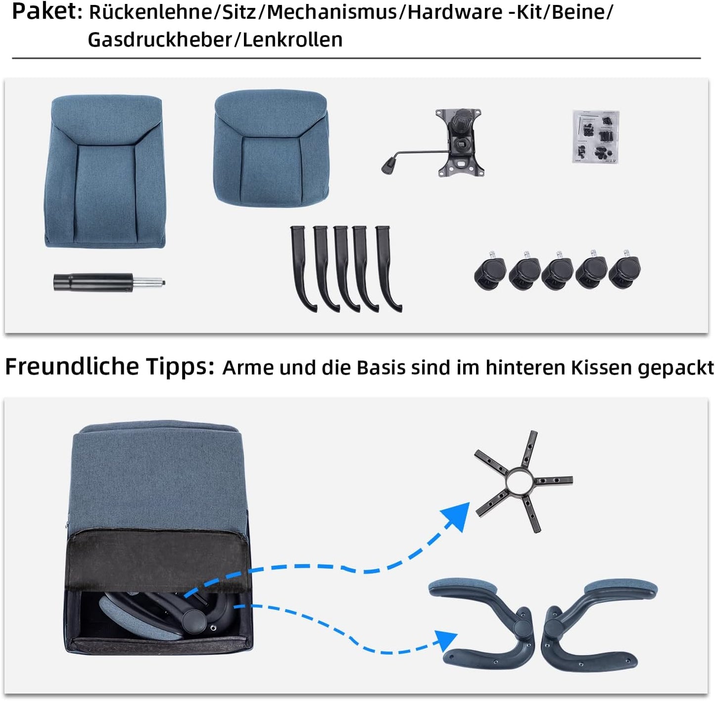 Ergonomischer Bürostuhl mit klappbarer Armlehne, Blau Stoff