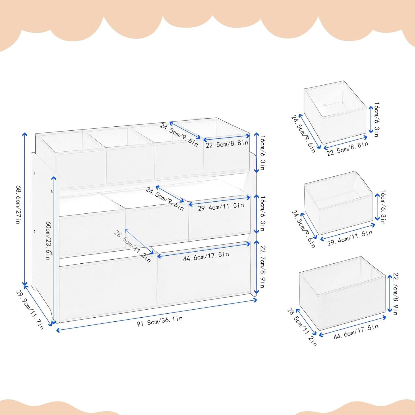 Kinder-Aufbewahrungsregal mit 9 Boxen, Weiß 92x30x60/68cm