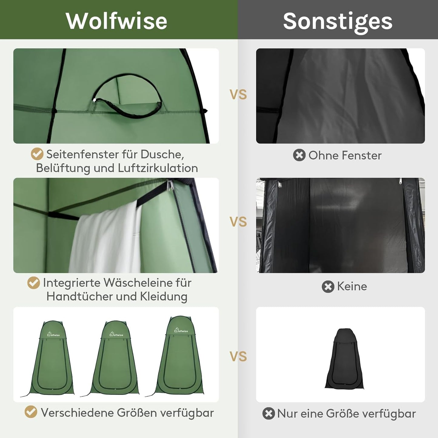 Pop-Up Dusch- und Umkleidezelt für Camping, Grün Grosszügig: H 190cm, W 120cm