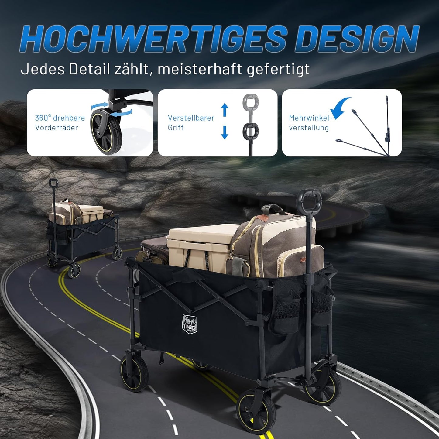 Faltbarer Bollerwagen mit verstellbarem Griff, Schwarz