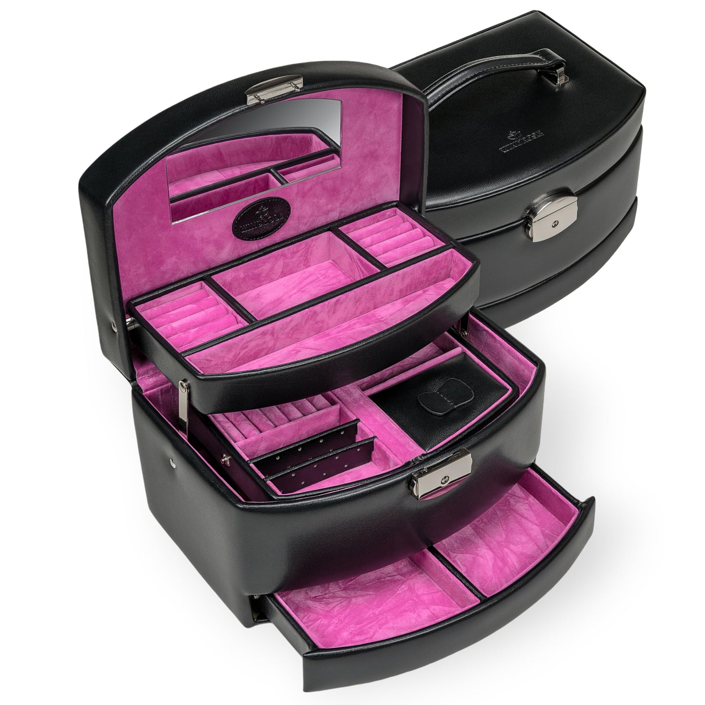 Automatik-Schmuckkoffer mit Reiseeinsatz, Schwarz-pink