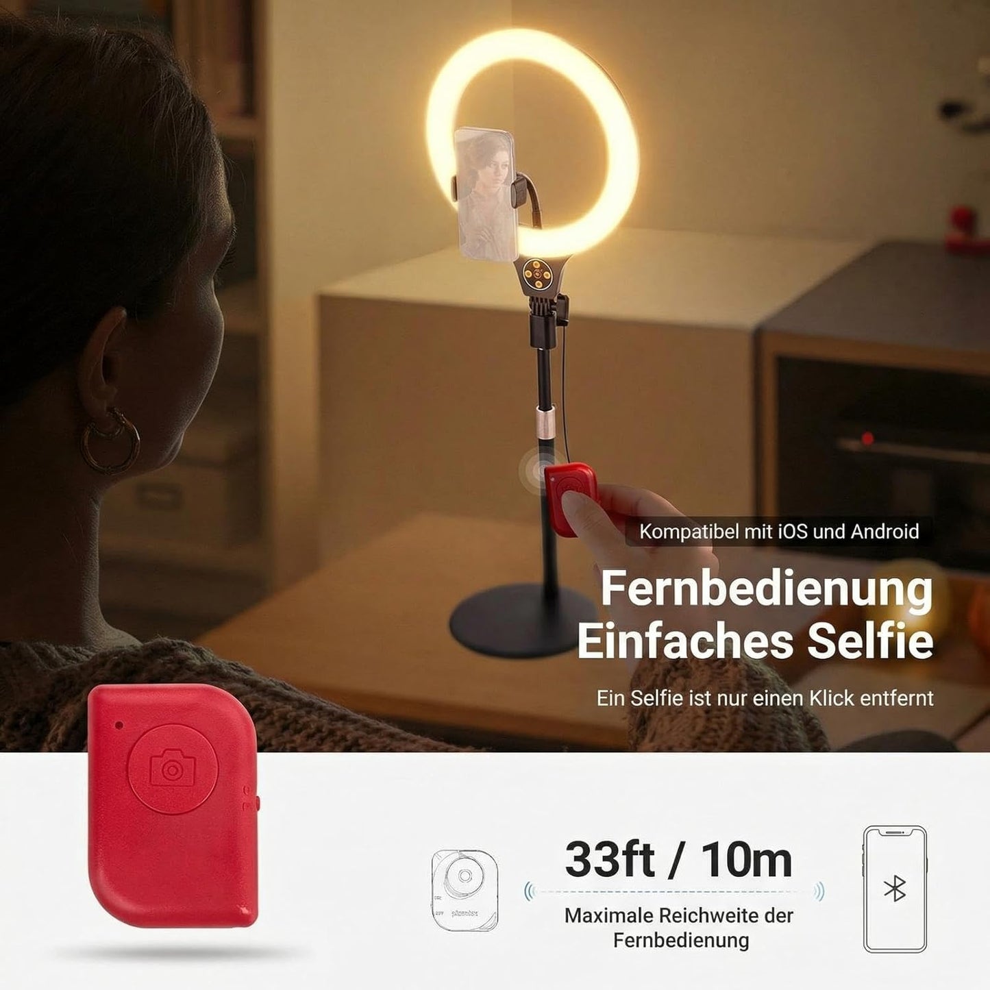 N37 RGB Ringlicht mit Ständer und Handyhalterung, Schwarz 10,5" RGB mit rundem Sockel