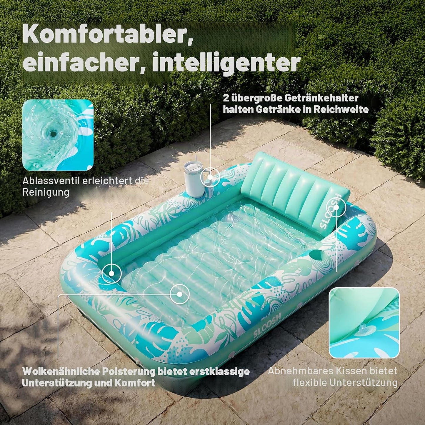 Aufblasbarer 4-in-1 Sonnenliegepool mit Kissen und Getränkehalter, Cyanweiss XL