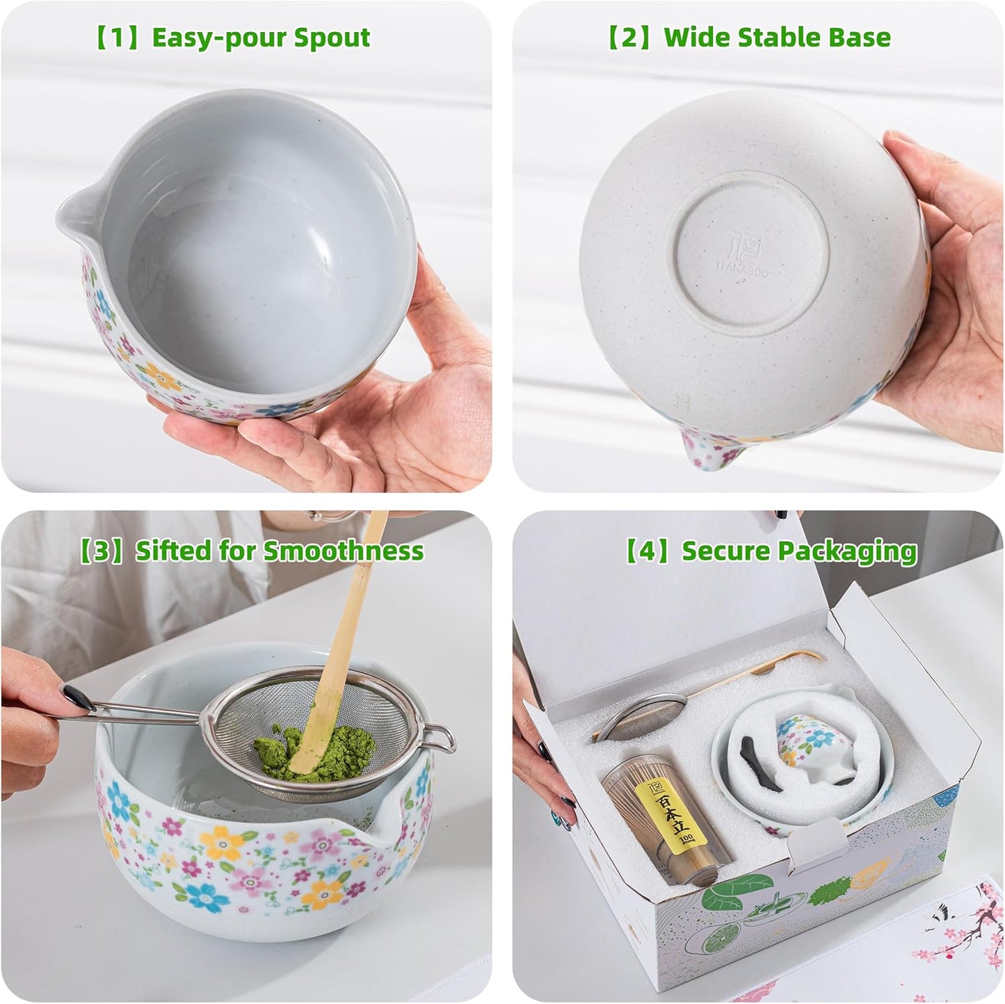 Matcha-Zubereitungsset mit Schale und Schneebesen (7-teilig), 7Stück/Set, Schüssel mit Ausgiesser Weiss & Blüte