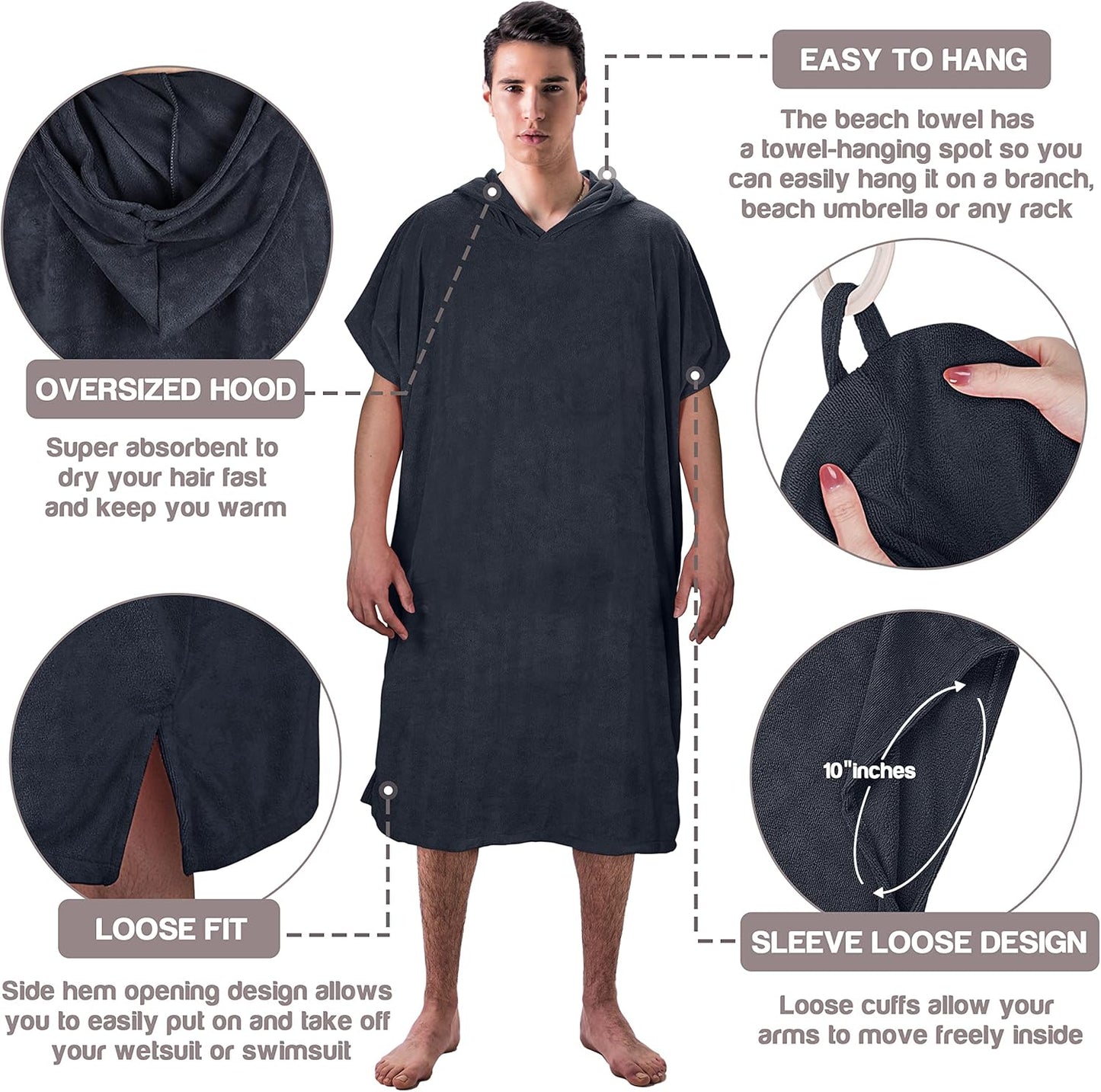 Surf Poncho mit Kapuze, Schwarz