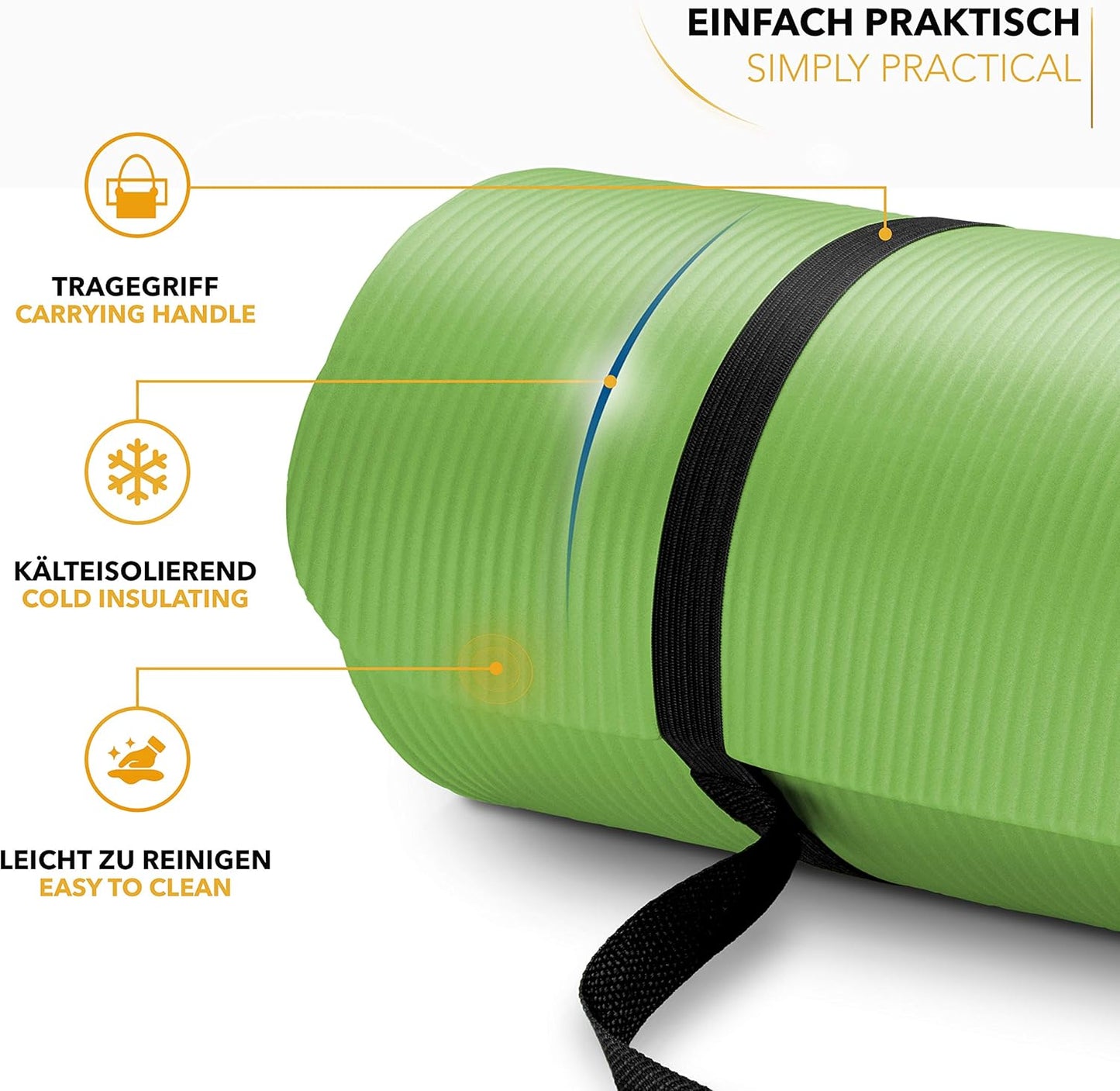 Yogamatte mit Tragegurt, Hellgrün 185 x 60 x 1,5cm