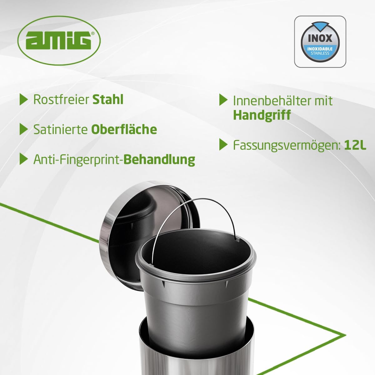 Mülleimer mit Pedal und Innenbehälter 12L, Edelstahl, 12 L