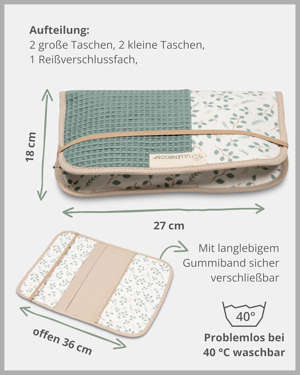 Wickeltasche für unterwegs (bis zu 3 Windeln), Floral Grün 18 x 27 cm