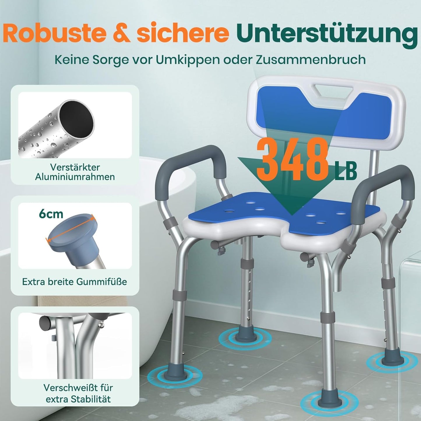 Höhenverstellbarer Duschstuhl mit Rückenlehne, LC03