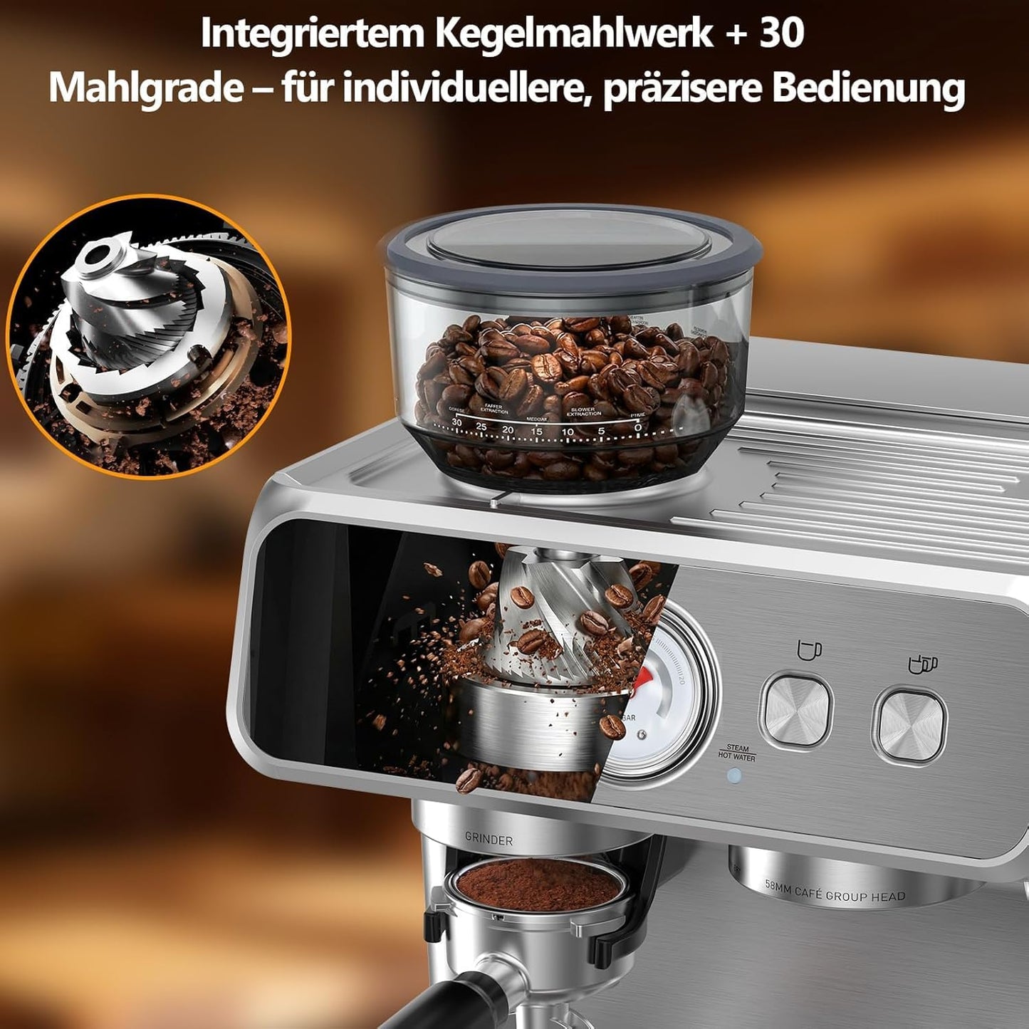 Espressomaschine mit Kegelmahlwerk & PID-Steuerung, Silber