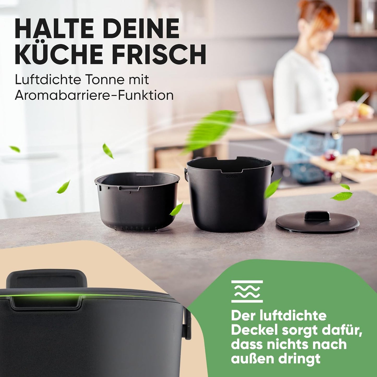 Biomülleimer mit Deckel und Sieb, Schwarz