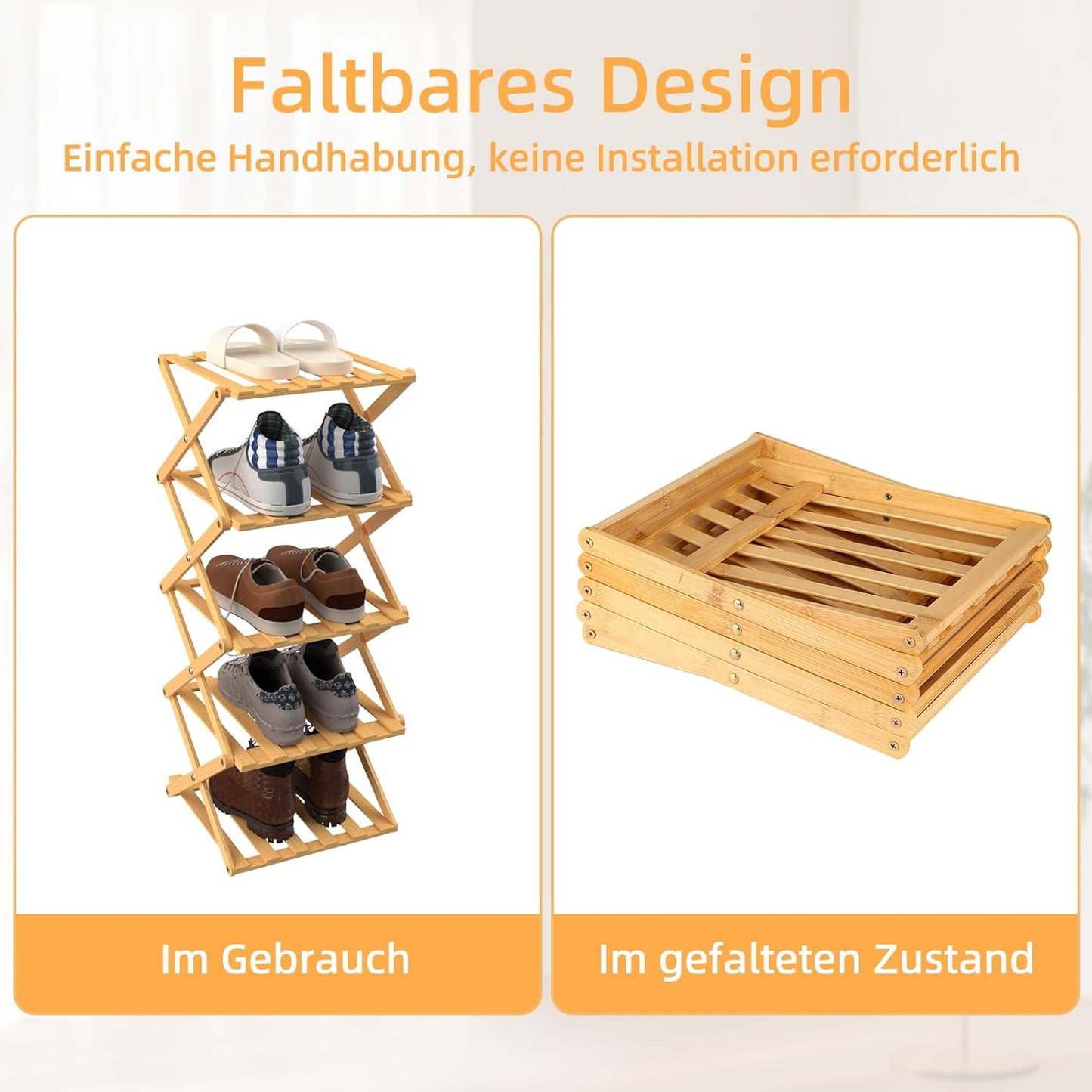 Schmales, tragbares Schuhregal, zusammenklappbar, freistehend, 25 X 25 X 86 Cm (5) (Naturholzfarbe)