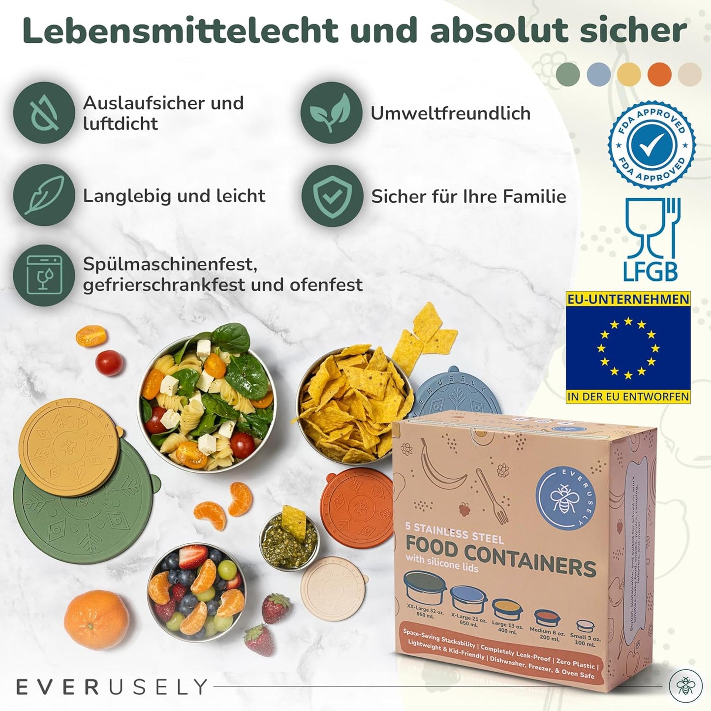 5er-Set Snackboxen mit Deckel, Muted