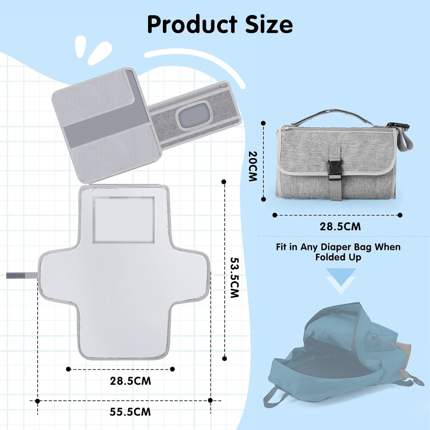 Kompakte Windeltasche mit Wickelunterlage (0-3M), 56×54cm Grau 1