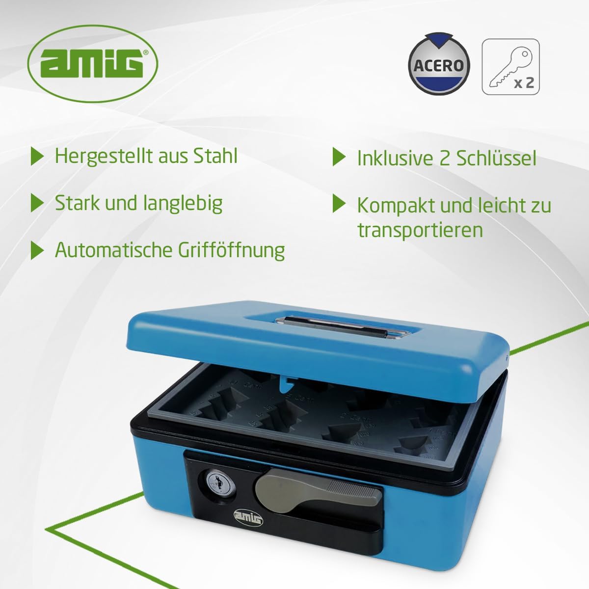 Geldkassette mit Sicherheitszylinder & Münzschale, Blau 165 x 125 x 80 mm