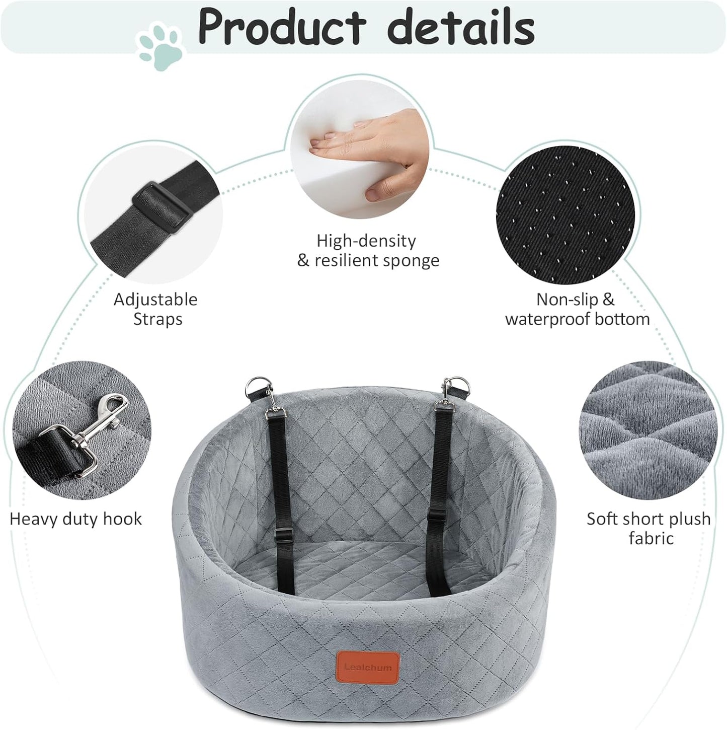 Rutschfester Hunde-Autositz mit Sicherheitsleinen, Grey Small