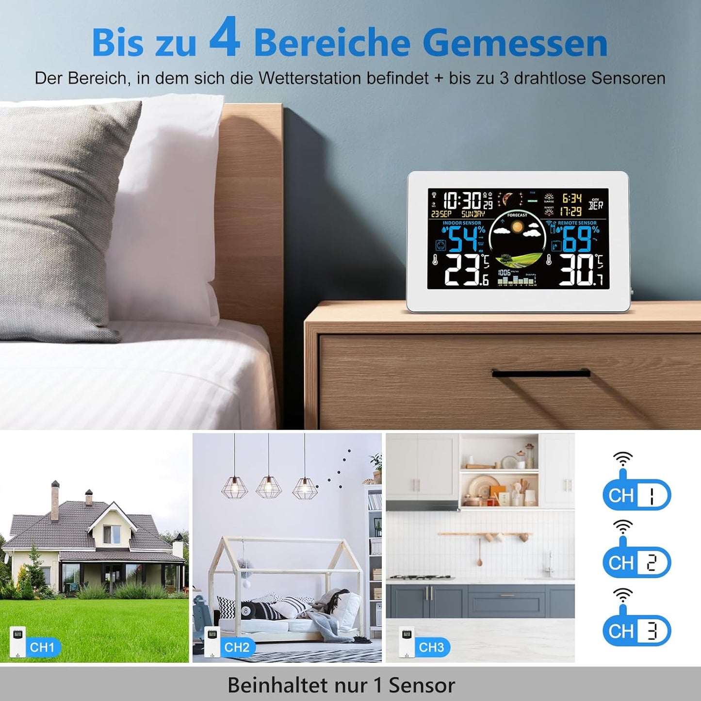 Wetterstation mit Aussensensor & Funkuhr, Weiß