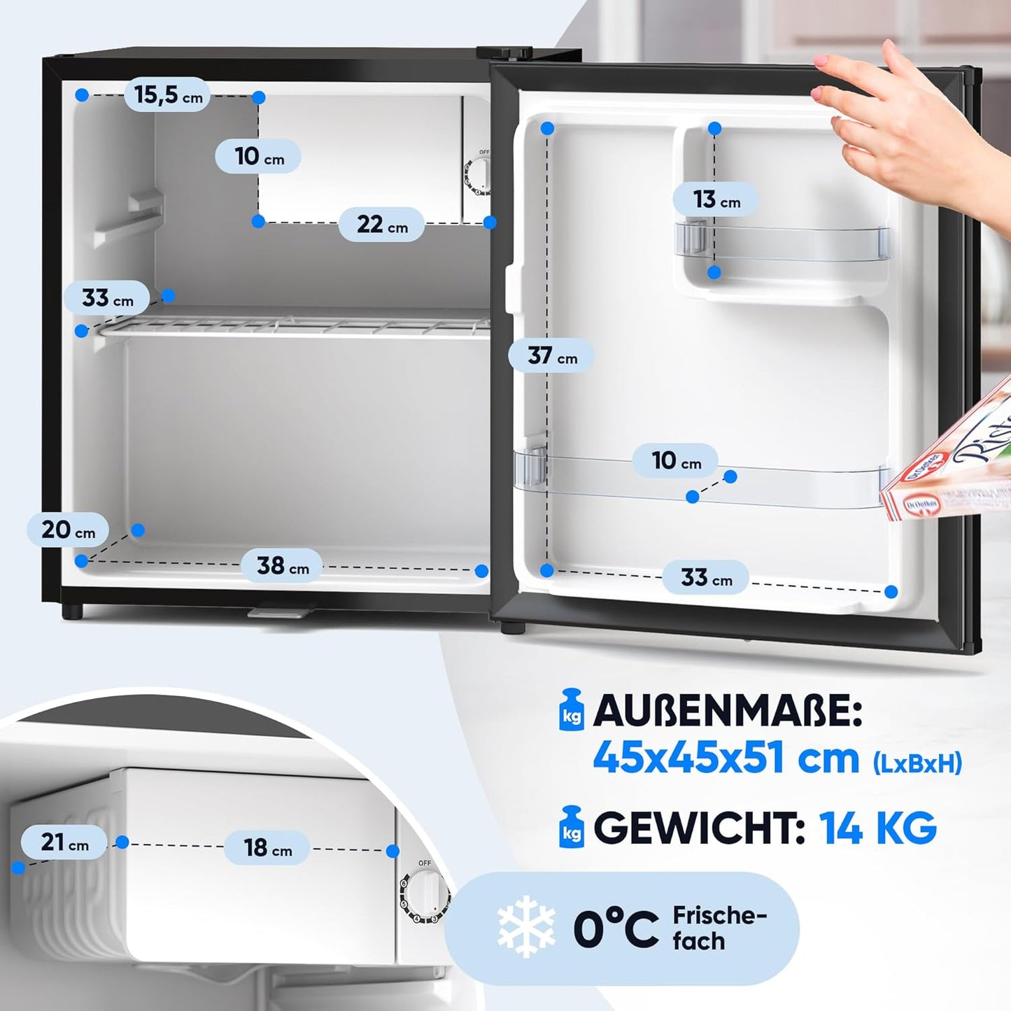 Mini Kühlschrank 45L mit Frostfach und Schloss, Schwarz