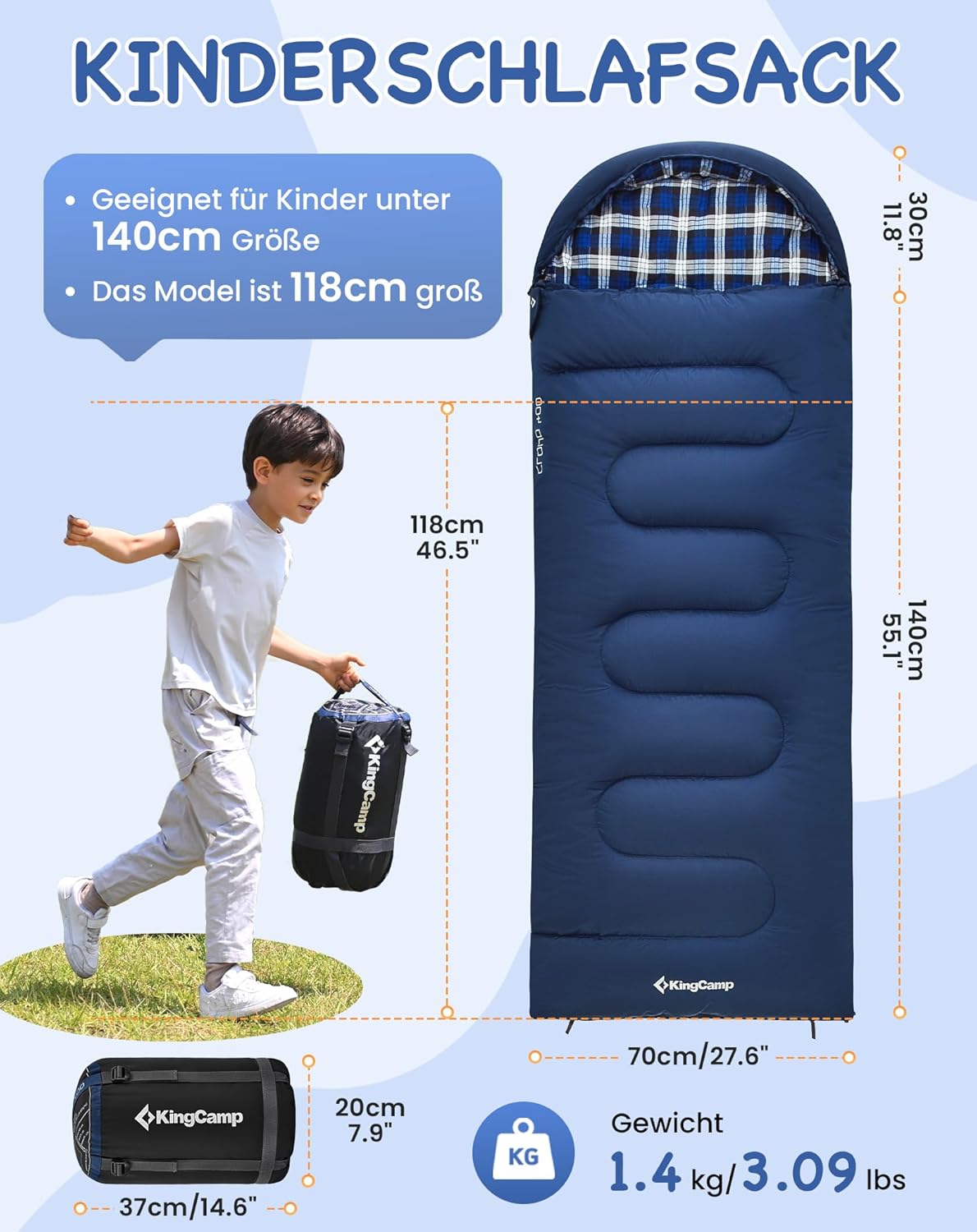 Kinderschlafsack für Camping und Outdoor, Navy L