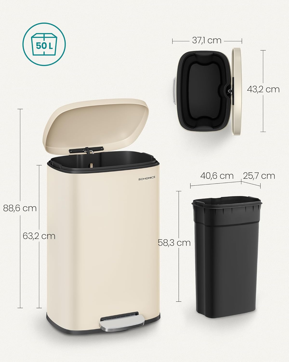 Treteimer LTB050A02 mit Softclose-Deckel, sandbeige 50 L