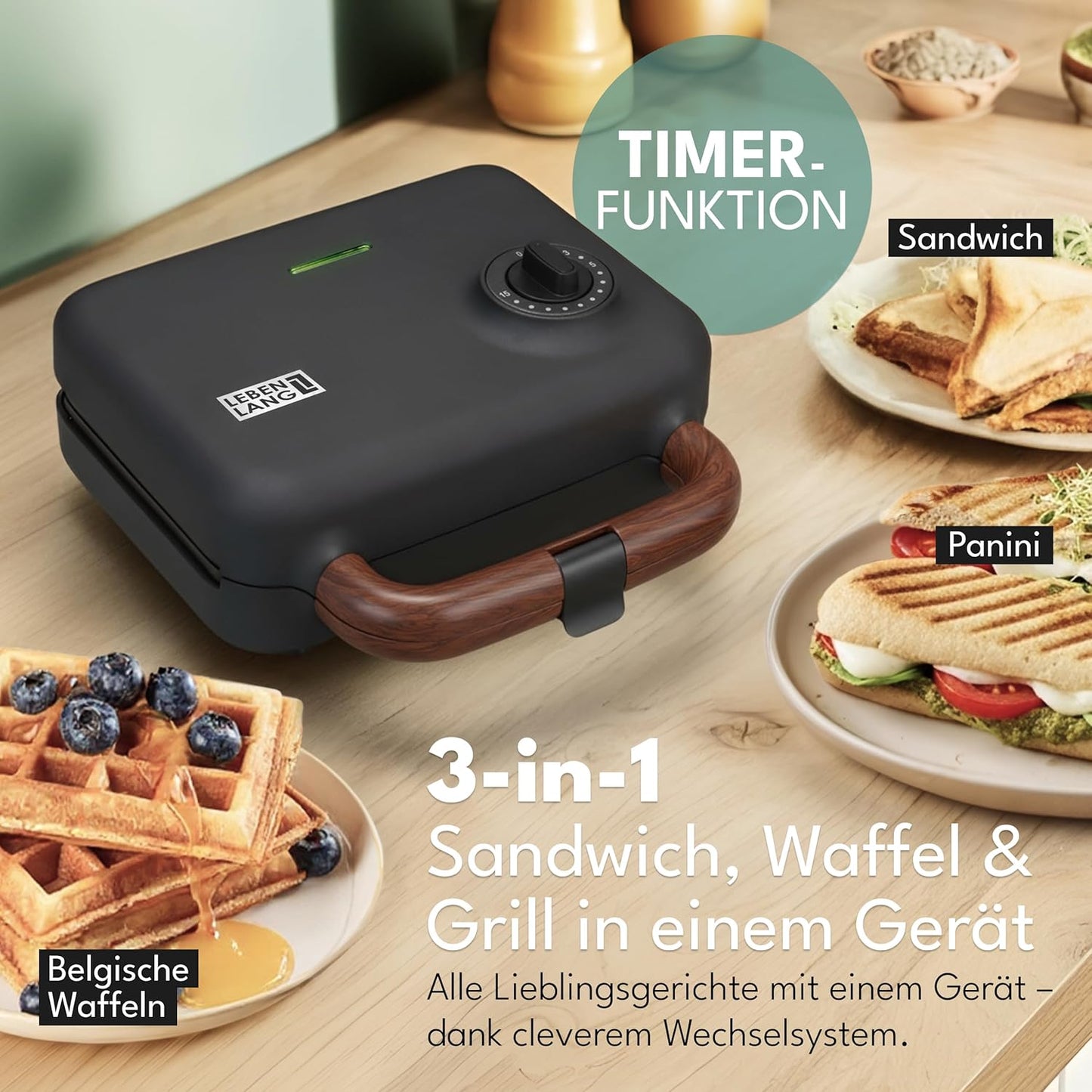 Sandwichmaker 3-in-1 mit Grill- und Waffeleinsätzen, Schwarz - 750w