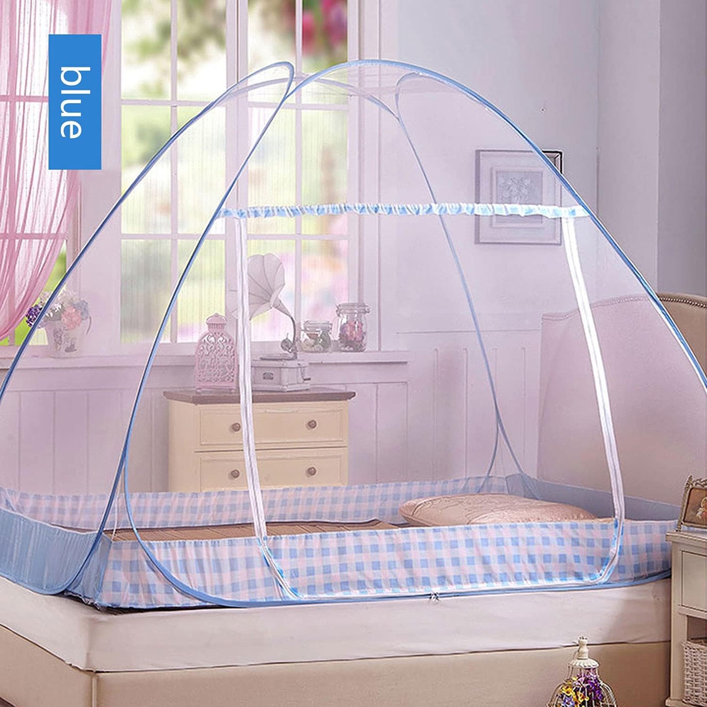 Faltbares Pop-Up Moskitonetz für Bett/Camping, Blau 200x150x150 cm (1er Pack)