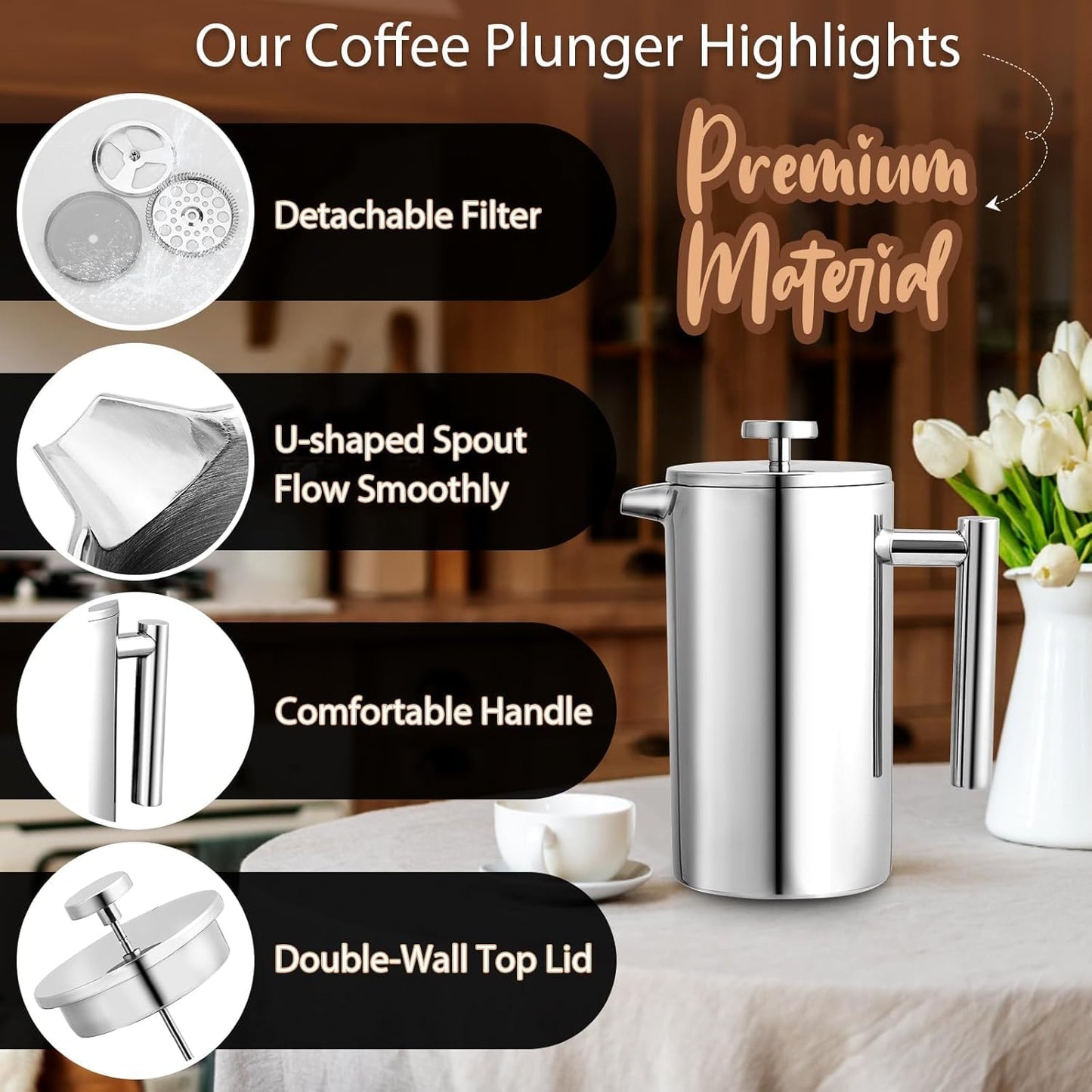 French Press Kaffeebereiter 1,5L Edelstahl, Silber 1500ml