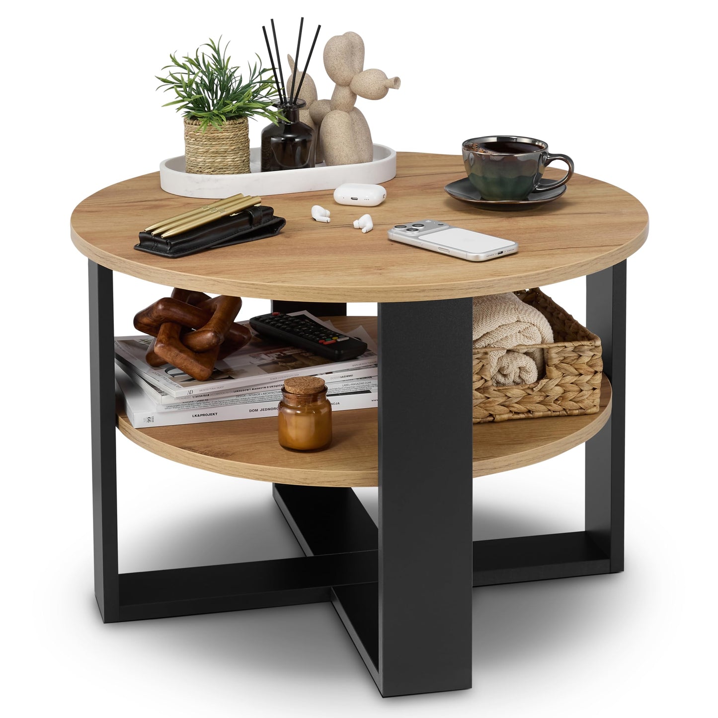 Runder Couchtisch mit Ablage, Schwarz & Eiche Durchmesser: 68CM