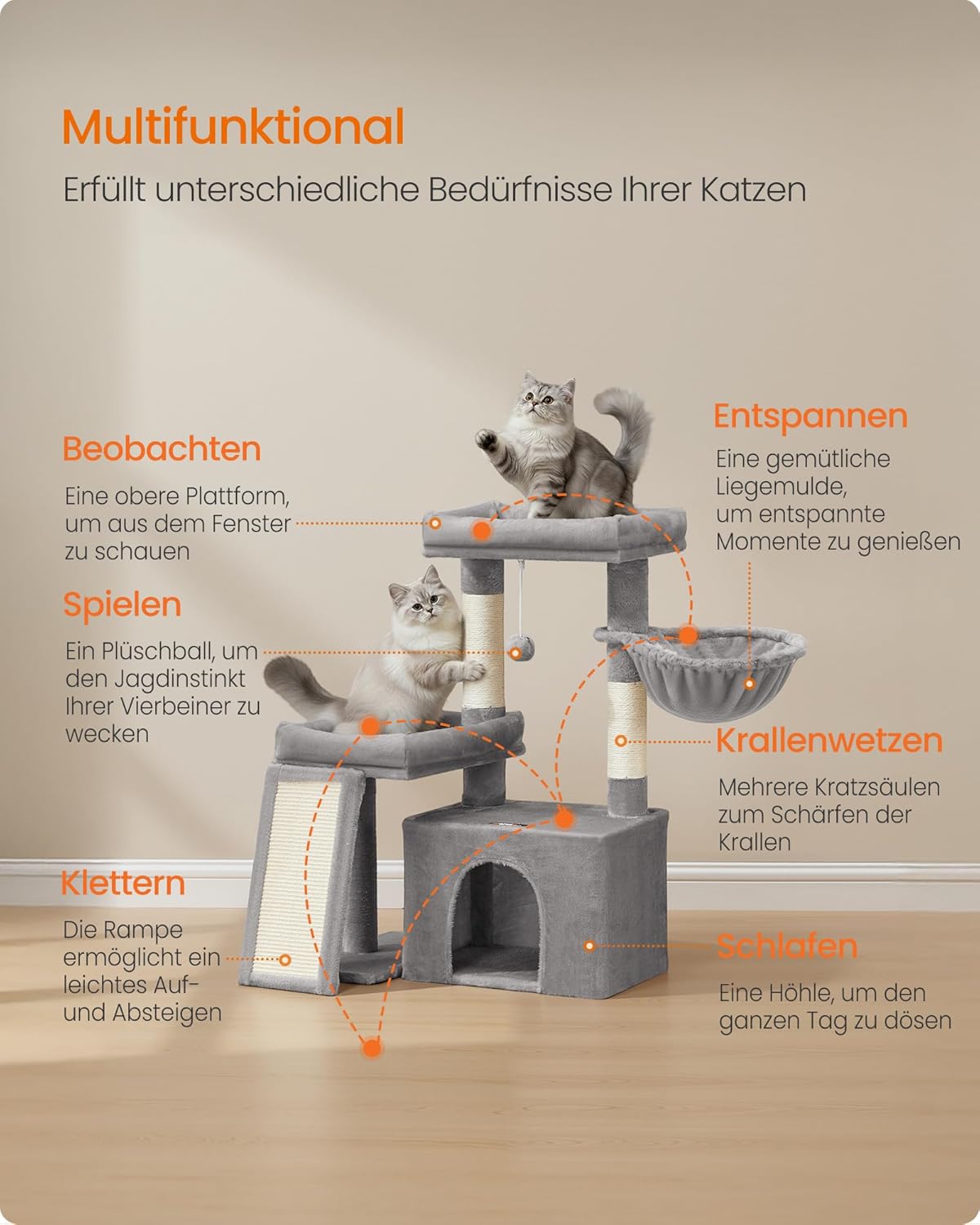 Kratzbaum PCT013GD01 mit Plattformen und Höhle, taubengrau M (92,5 x 58,9 x 85,8 cm)