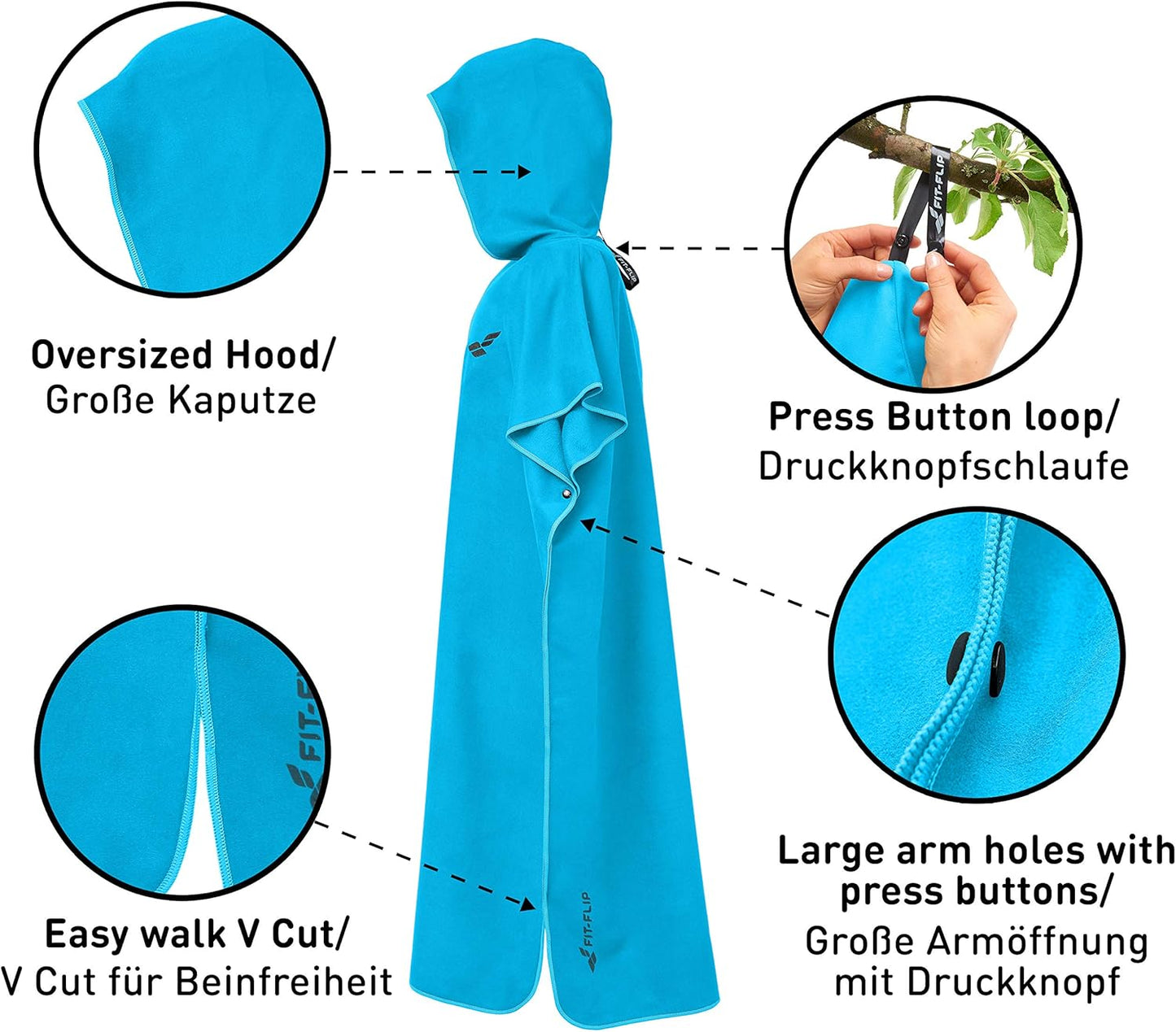 Badeponcho mit Kapuze, schnelltrocknend, 02-Large 15 - Cyanblau