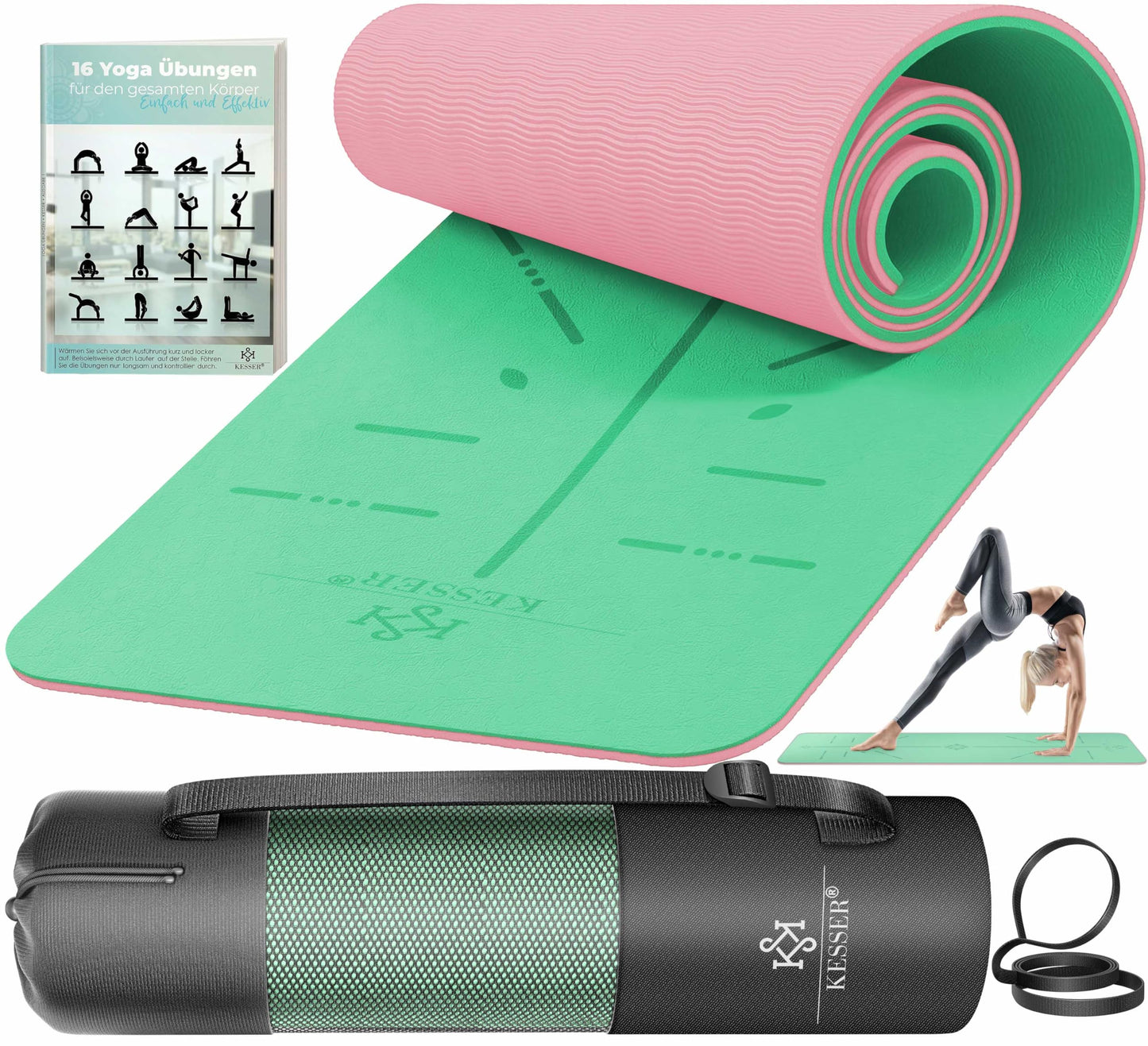Gymnastik- und Fitnessmatte mit Tragegurt, Mint / Rose