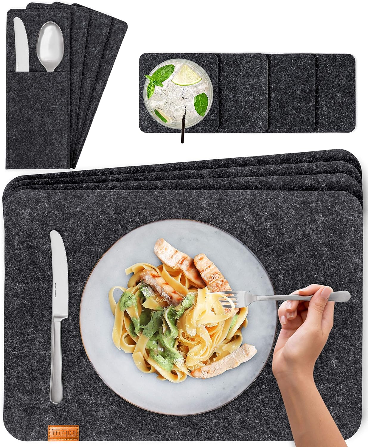 24-teiliges Tischuntersetzer-Set, Dunkelgrau / Rechteckig 8er-Set mit Zubehör