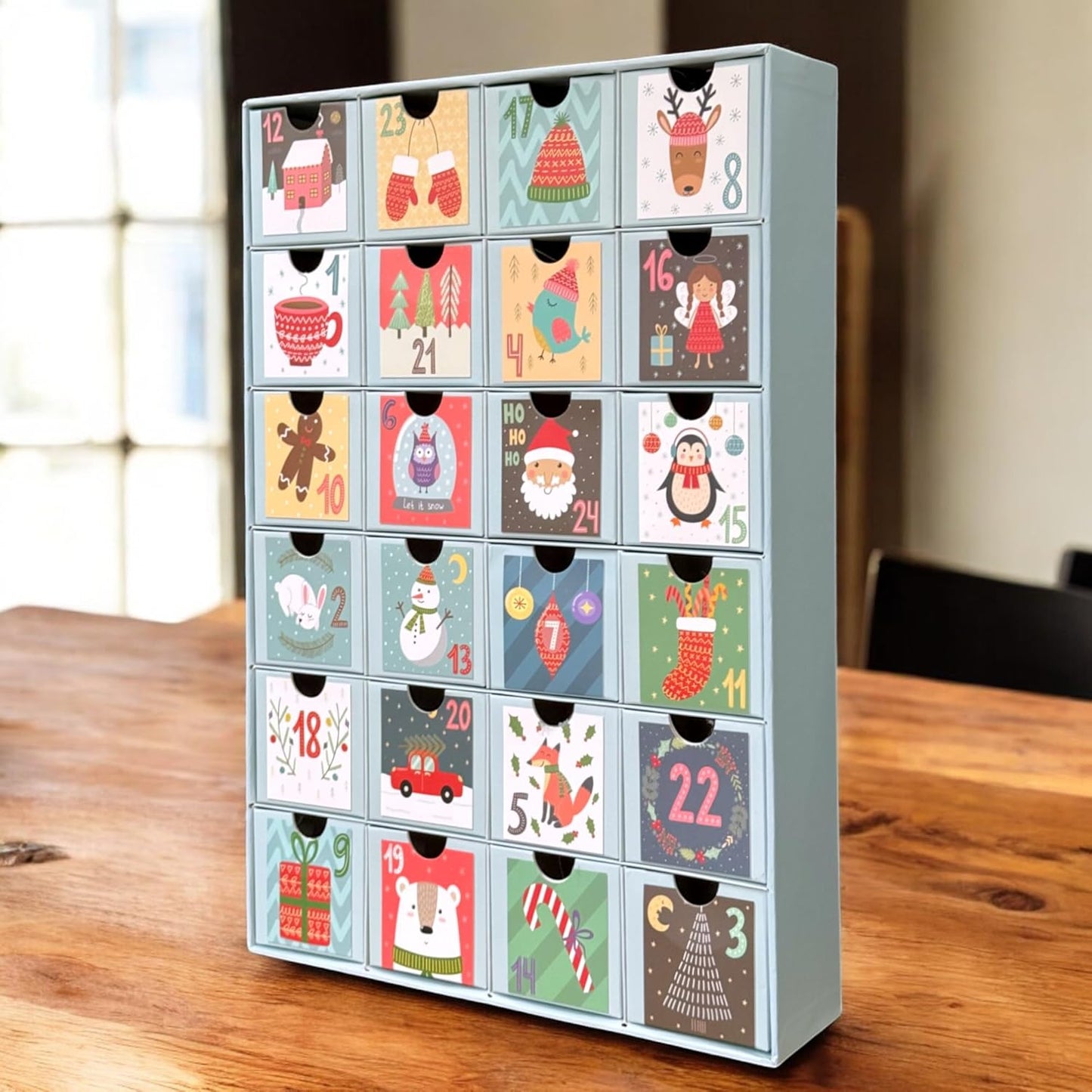 Adventskalender mit 24 Schubladen-Boxen, Zahlen & süße Motive
