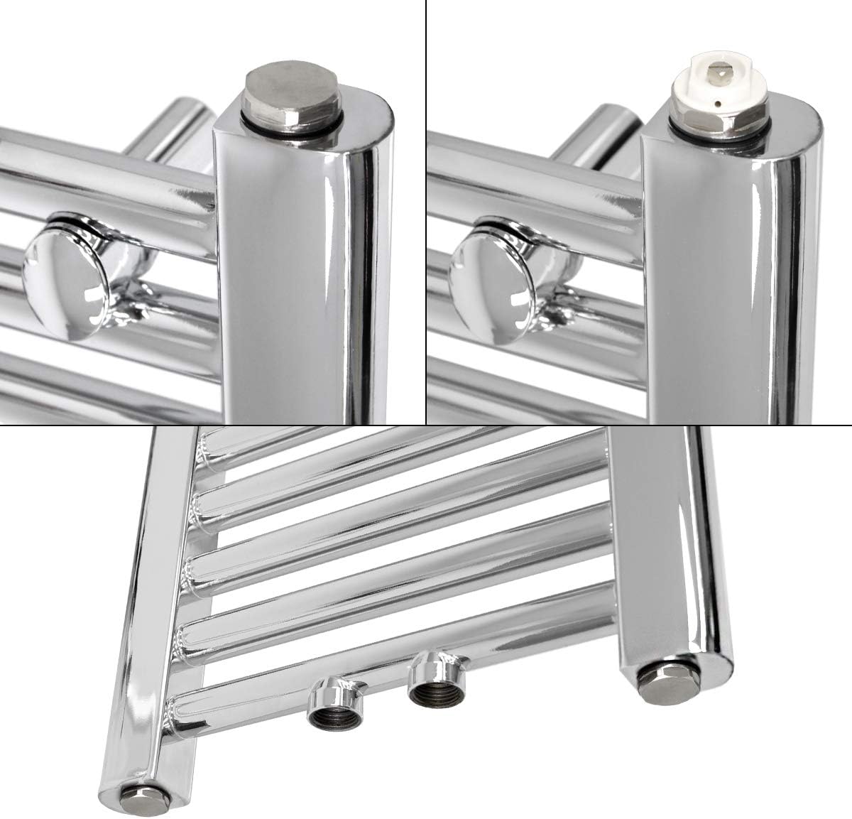 Handtuchheizkörper mit Mittelanschluss und Thermostat, 300x1400 mm gerade mit Durchgangs-Ventil Chrom