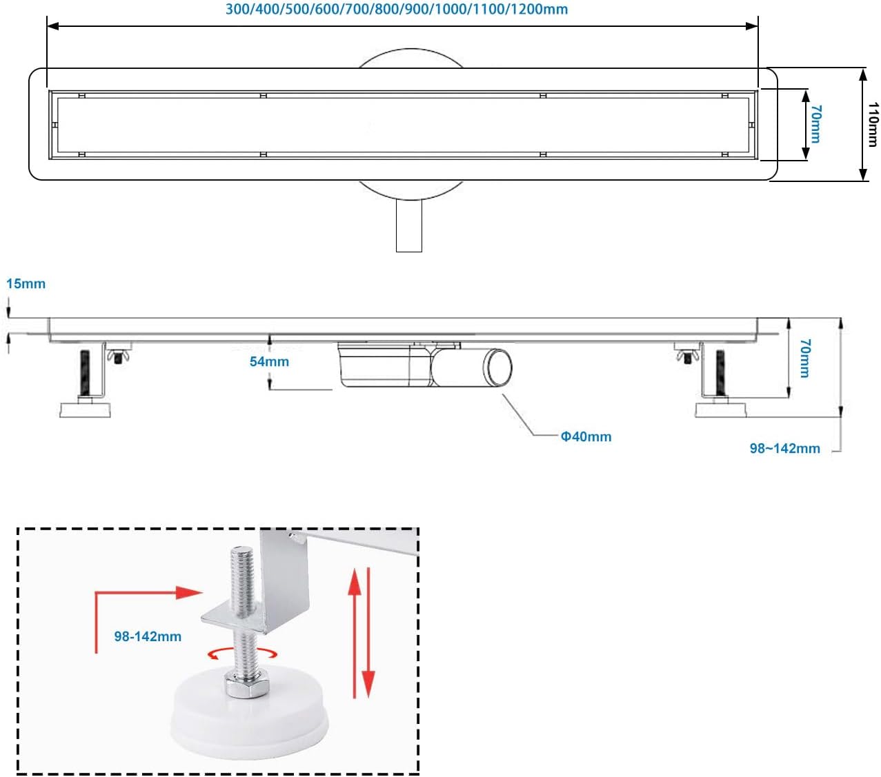 Duschrinne Komplettset 110 cm mit 360° Siphon, 110cm