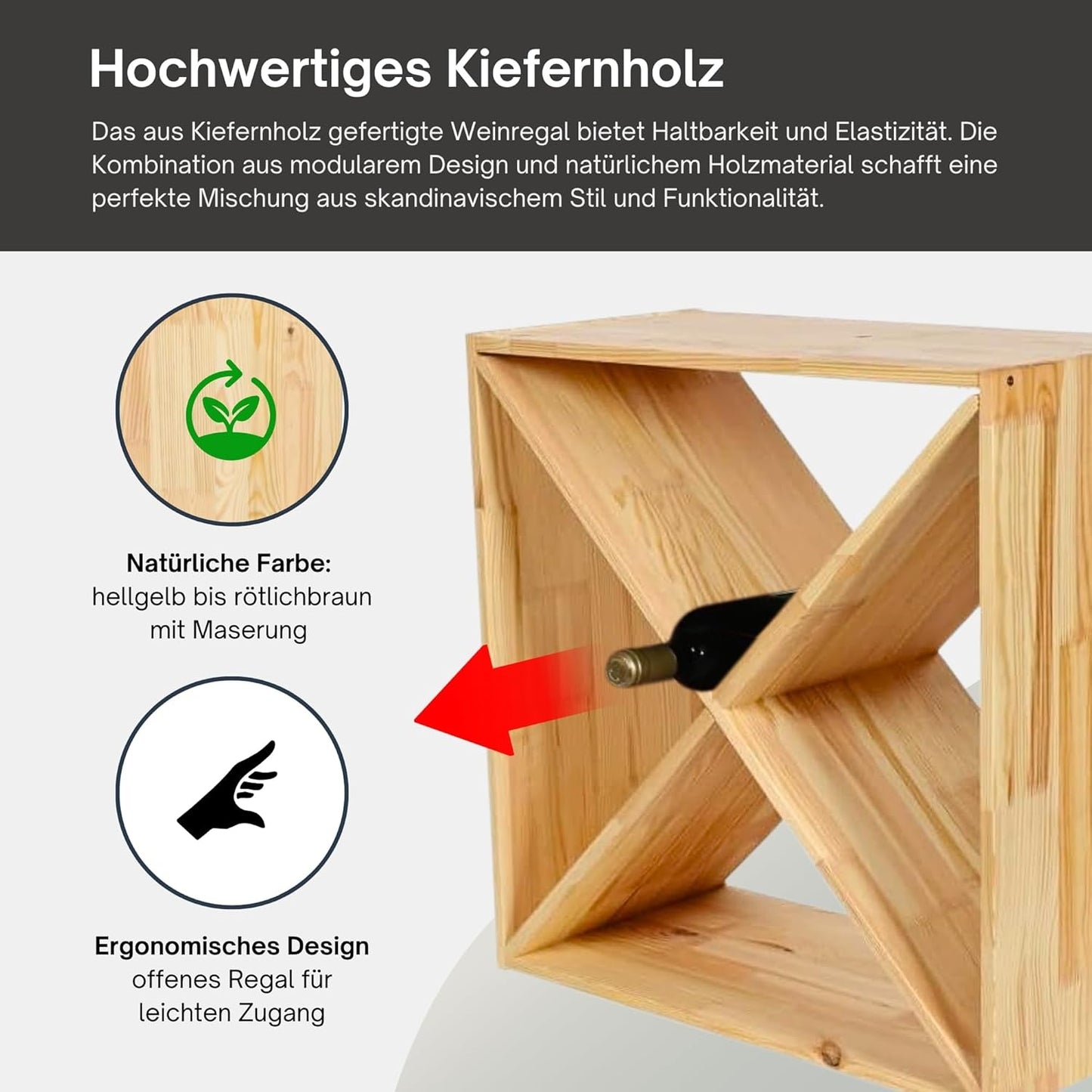 Modulares Weinregal für 40 Flaschen, Kreuz Modul für 40 Flaschen Kiefer Natur