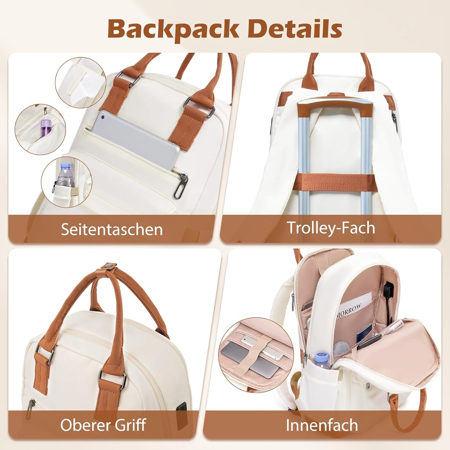 3-teiliges Handgepäckset: Hartschalenkoffer, Rucksack und Kulturbeutel, Handgepäck-Set 3tlg Blau/Braun