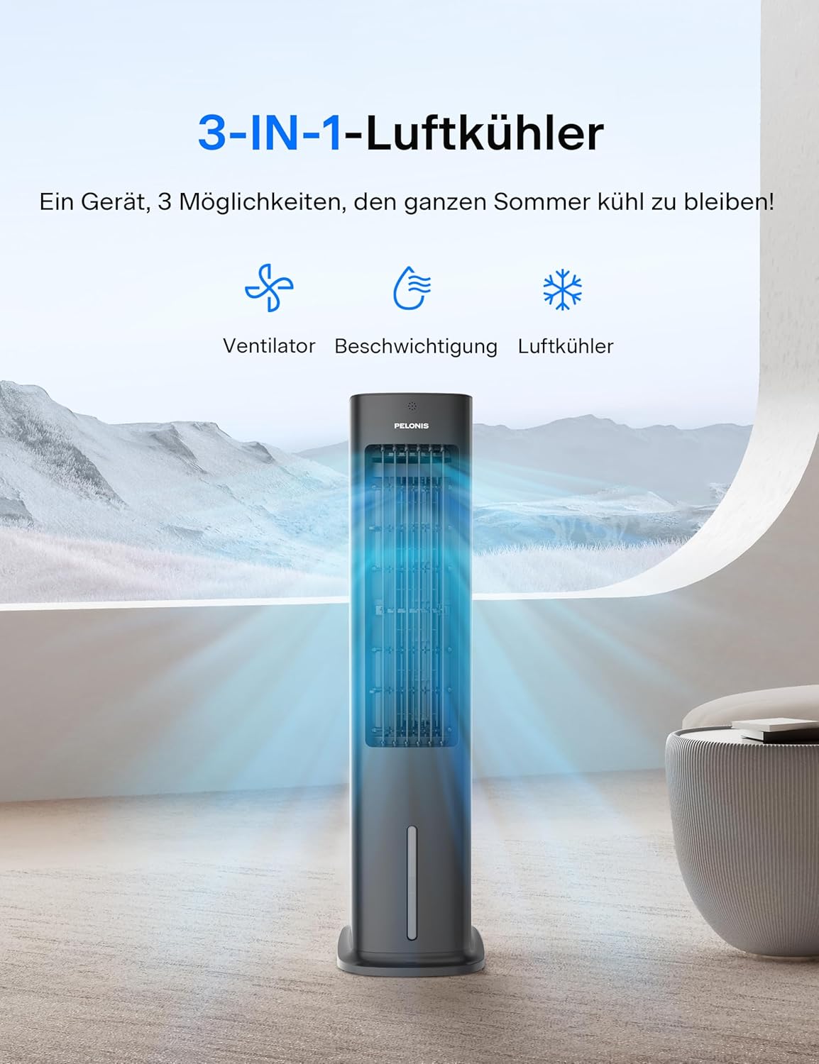 3-in-1 Verdunstungskühler mit Fernbedienung & Timer, 85CM Turmventilator Black