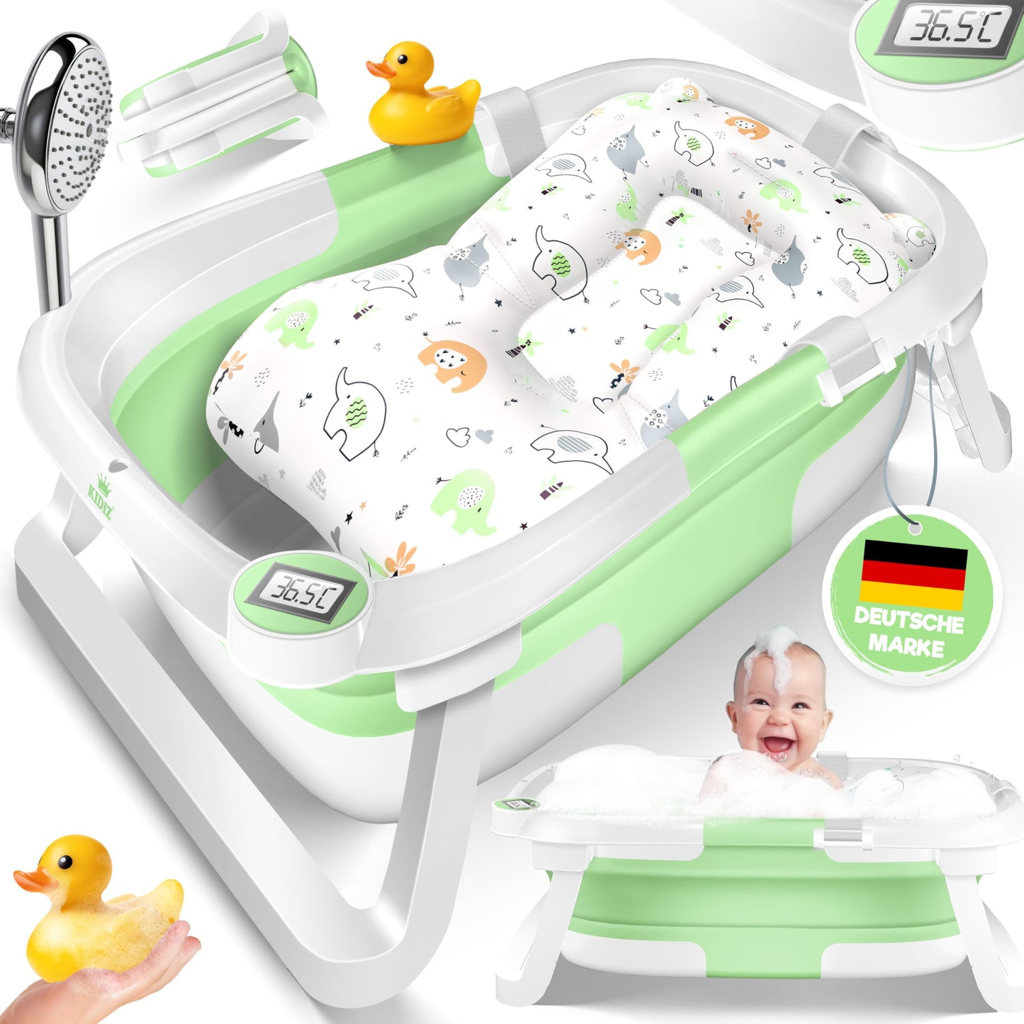 Faltbare Babybadewanne mit Thermostat & Kissen, Grün
