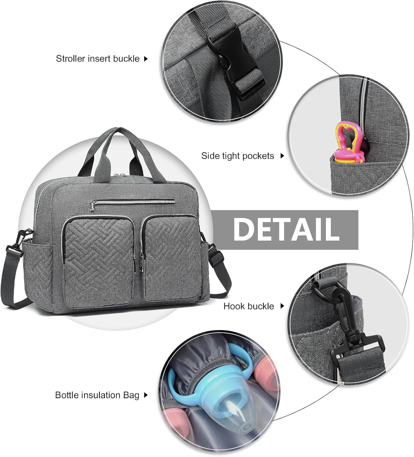 Baby-Wickeltasche mit Wickelauflage und isolierten Taschen, Große Tasche mit Wickelauflage Grau