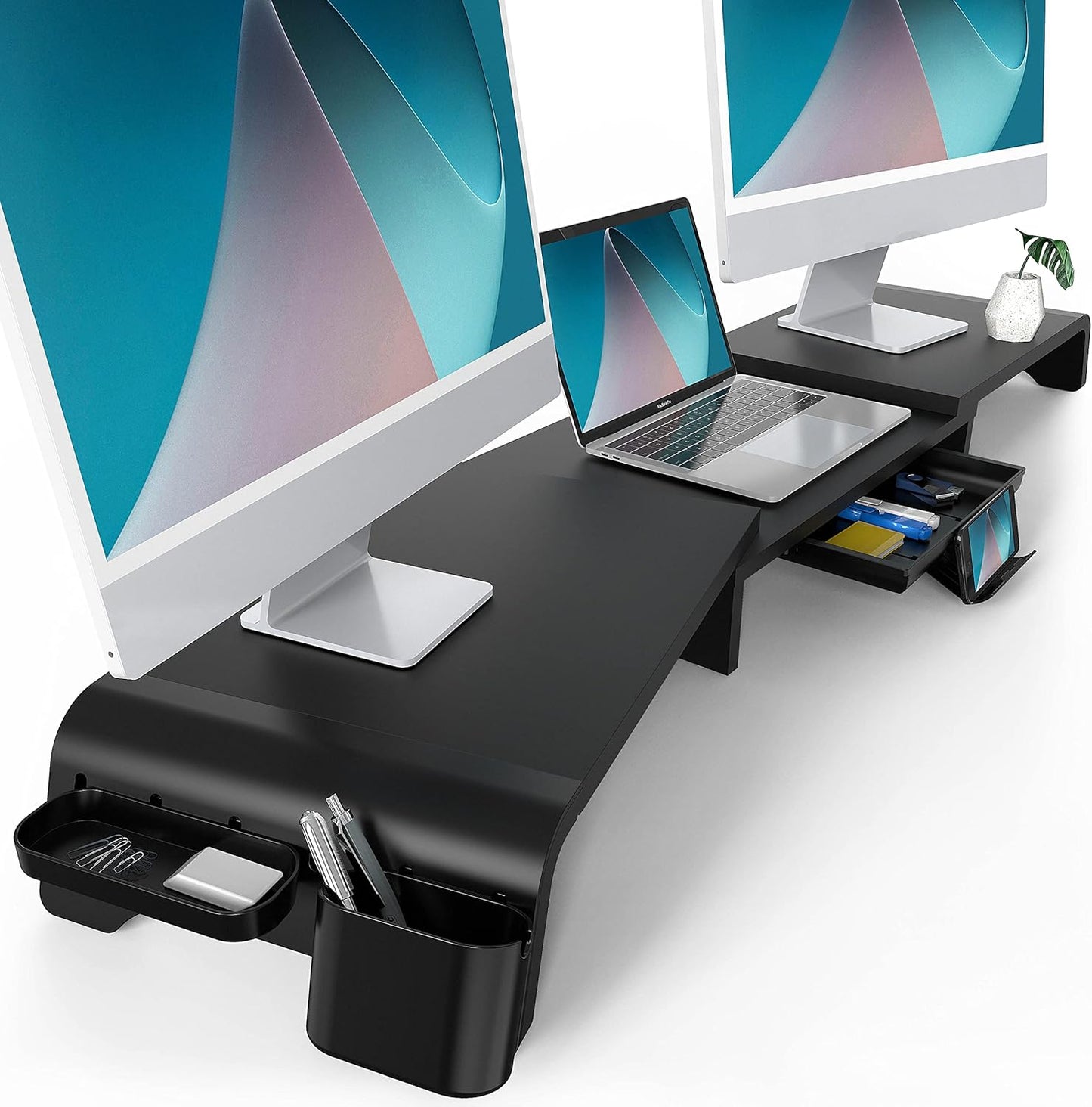 Dual Monitorständer mit Schublade und Handyhalter, 75-119 x 23,5 x 8,9 cm Schwarz